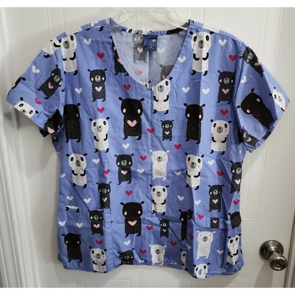 Zoe+Chloe Women's Short Sleeve V Neck Scrub Top 100% Cotton Bears Size Large